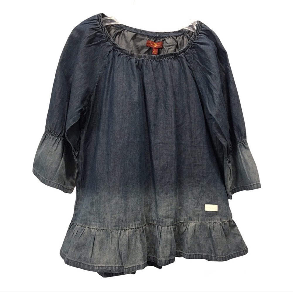 7 For All Mankind Girls Blue Denim Ruffle Top